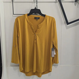 International INC-Company Solid Roll Up Sleeve Blouse - Mustard